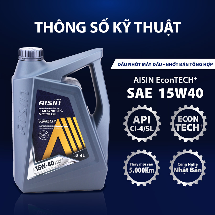 Nhớt Động Cơ Aisin 15W-40 CI4/SL Semi Synthetic 4 Lít ECSI1544P