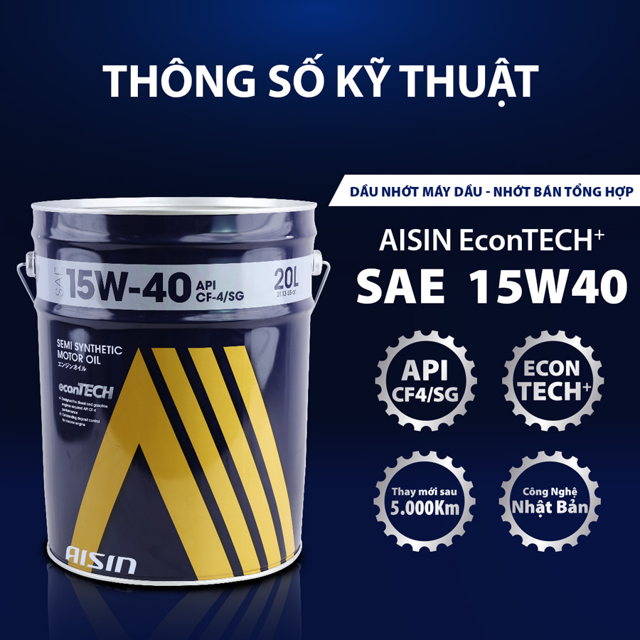 Nhớt Động Cơ Aisin 15W-40 CF4/SG Semi Synthetic 20 Lít ECSF154PL
