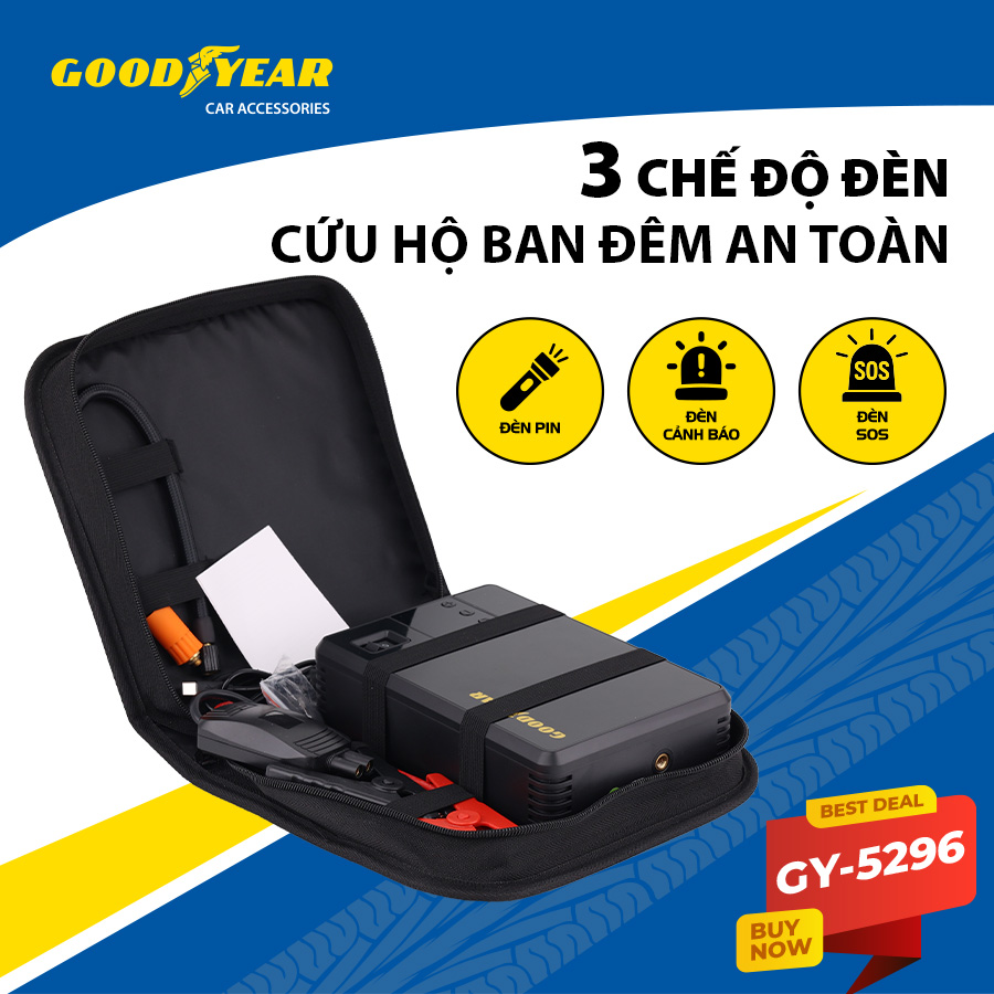 Bộ kích điện+bơm hơi Goodyear GY-5296 12V 10400mAh - 400A - 38.48Wh-2.6A 150PSI-21L/min mặt đồng hồ điện tử