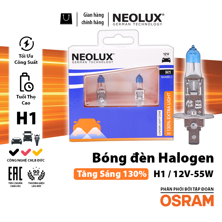 Bóng Halogen Tăng Sáng 130% H1 12V 55W N448EL1-2SCB Hiệu Neolux