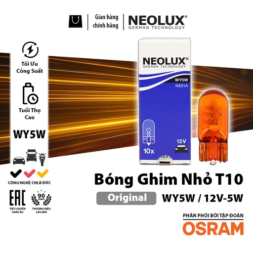 [BDNLXT1012VN501A] Bóng gim nhỏ T10 (W5W) VÀNG 12V 5W N501A Hiệu NEOLUX